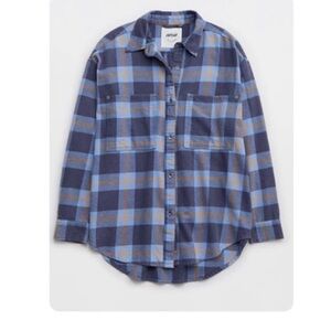 Aerie Anytime Fave Flannel Navy and Light Blue Plaid Button Down Shirt